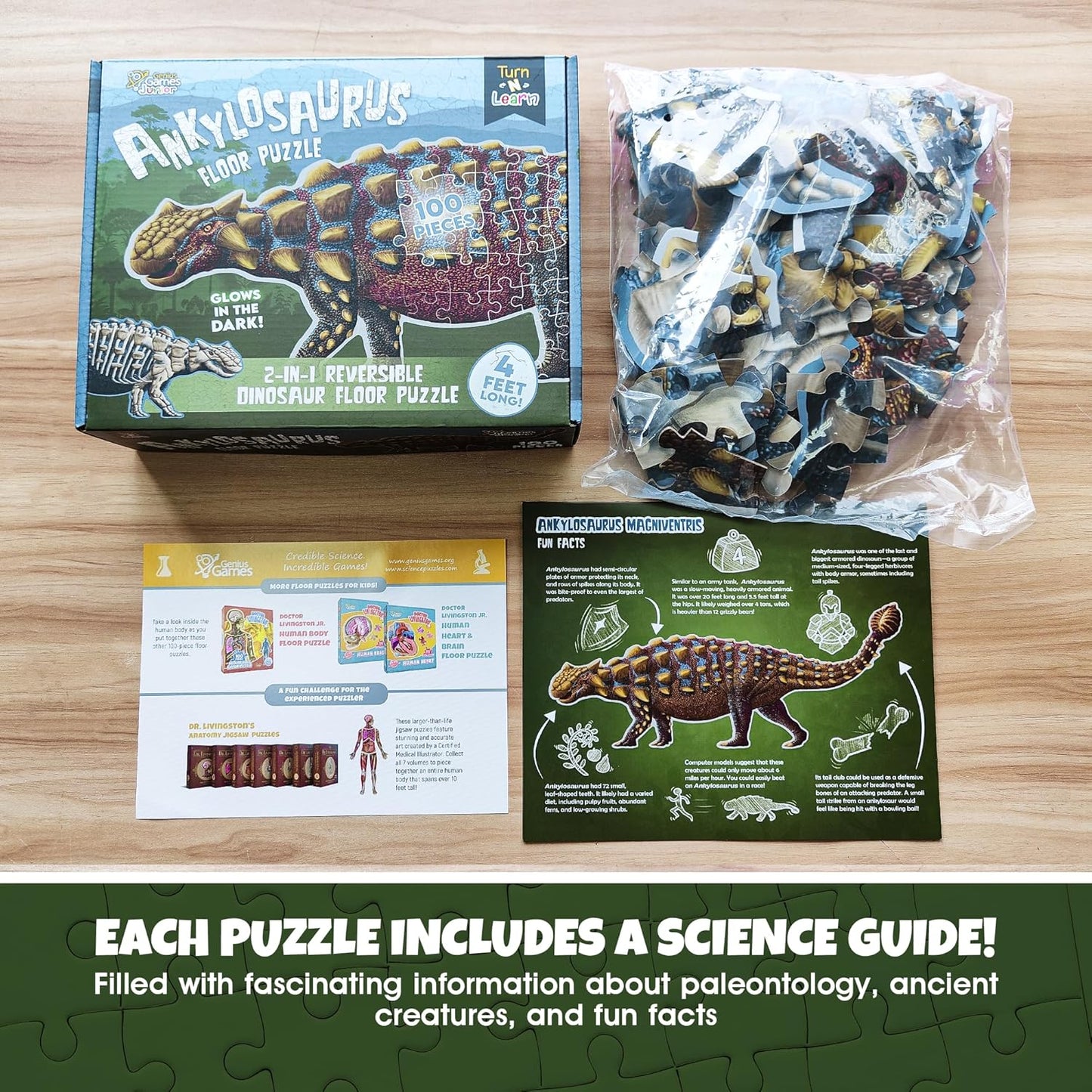 Tyrannosaurus Rex Dinosaur Jigsaw Puzzle | 100-Piece Double Sided Floor Puzzle with Glow-in-The-Dark Skeleton On Other Side | 4 FT Scientifically Accurate Dino Illustration | Educational Toy for Kids