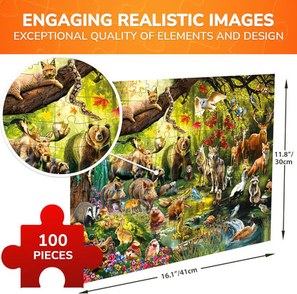QUOKKA 100 Piece Puzzles for Kids Ages 4-6 – Floor Kids Puzzles Ages 6-8 Year Old – Toy for Learning Forest Animals for 8-10 yo – Jigsaw Toddler Game for Boy and Girl 3-5