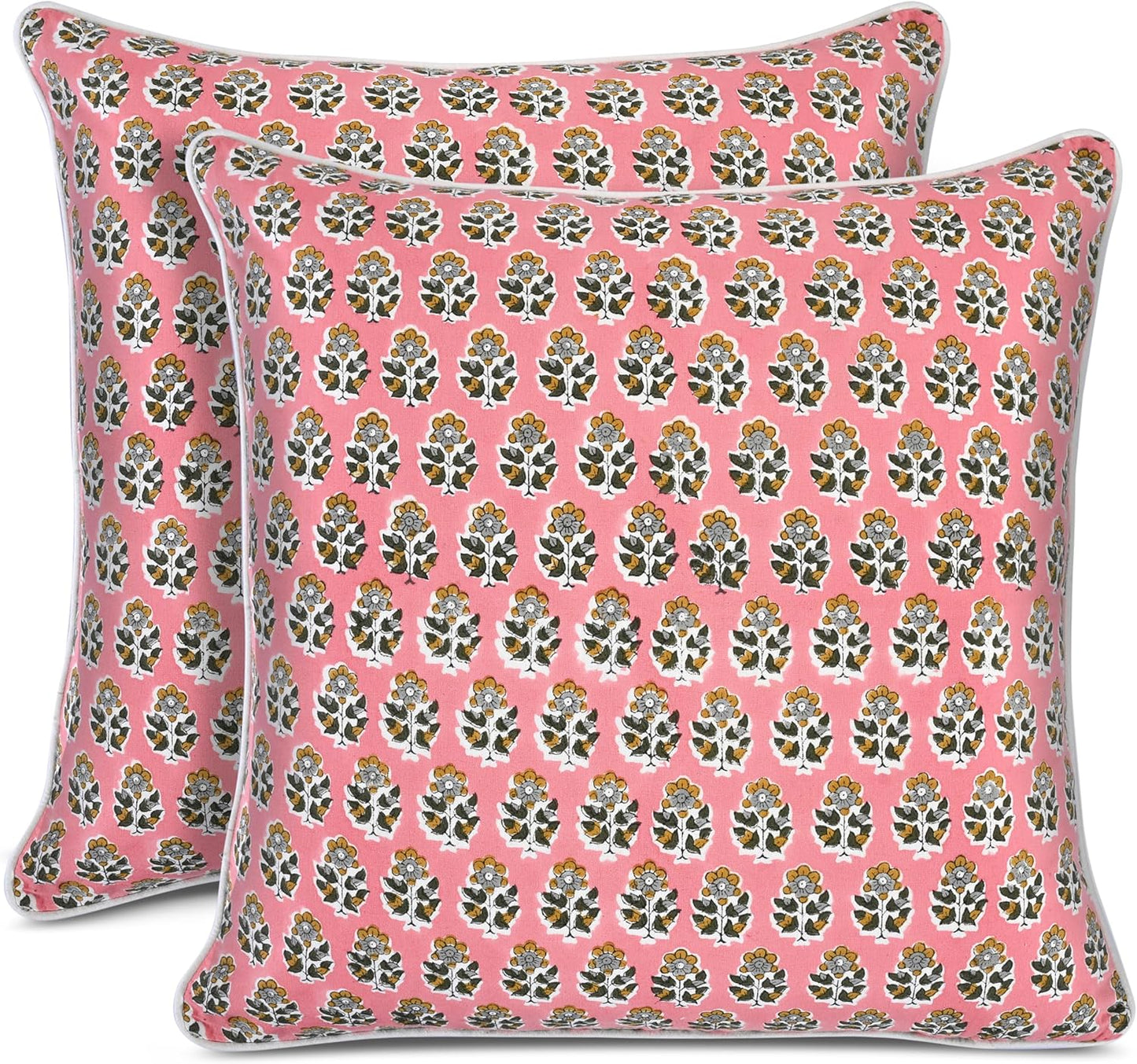 CPC 100% Cotton Throw Pillow Covers 18x18 Inch, Set of 2 Green Block Print Pattern Couch Pillow, Cute Boho Decorative Pillows for Living Room, Bedroom with Hidden Zipper- Agate Green