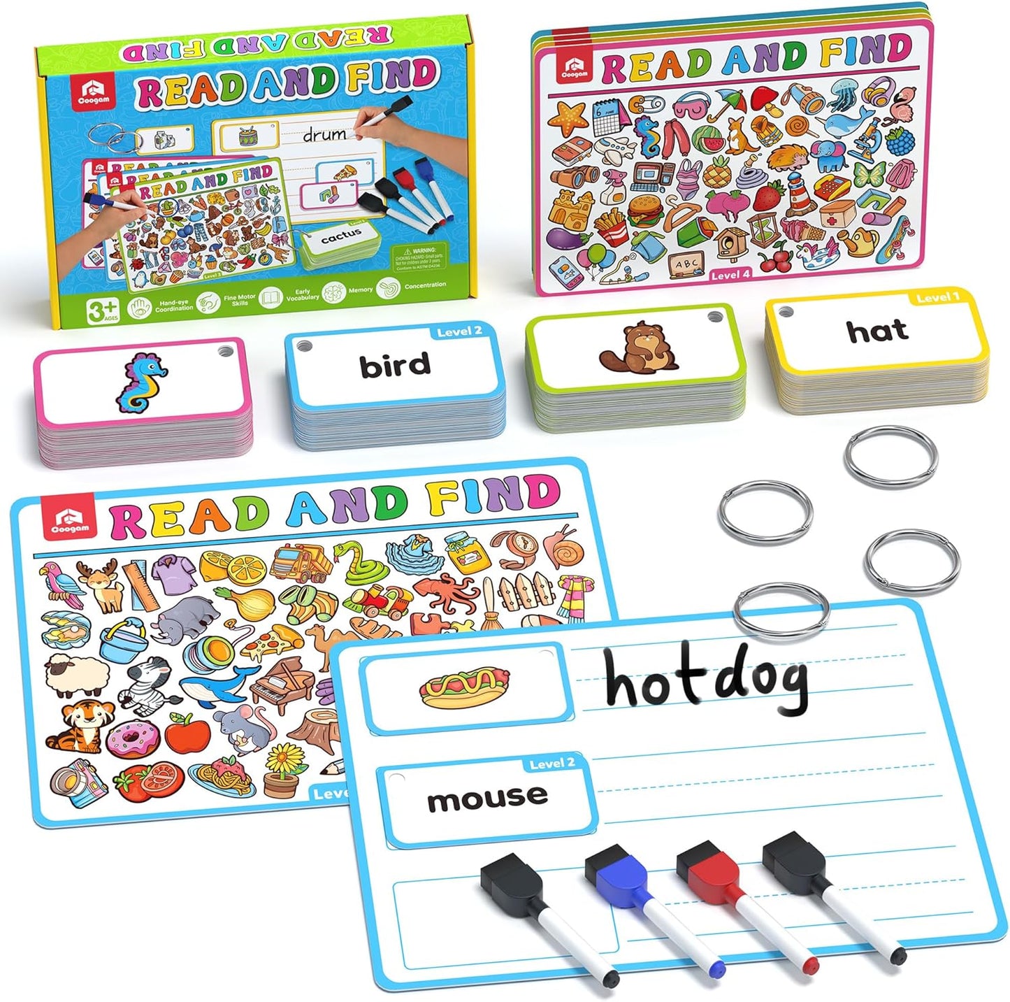 Coogam Search and Find Activity Cards for Kids, 220 Sign Words Dry Erase Busy Book Travel Games, Educational Montessori Toy Learning Flashcards for Kindergarten Preschool 3 4 5 Years Old Kids