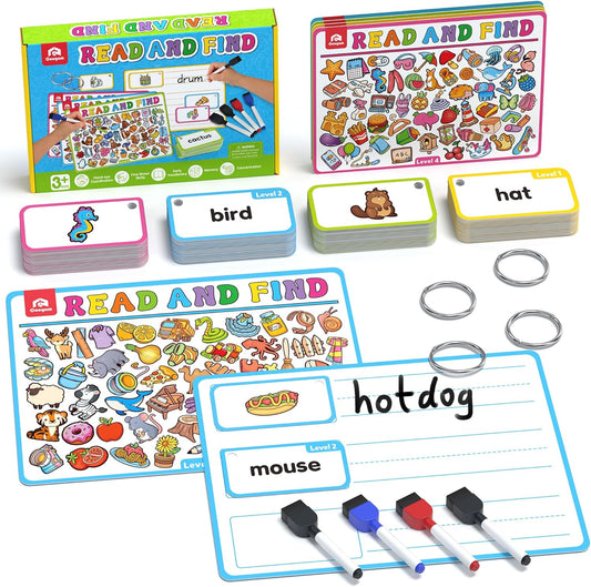 Coogam Search and Find Activity Cards for Kids, 220 Sign Words Dry Erase Busy Book Travel Games, Educational Montessori Toy Learning Flashcards for Kindergarten Preschool 3 4 5 Years Old Kids