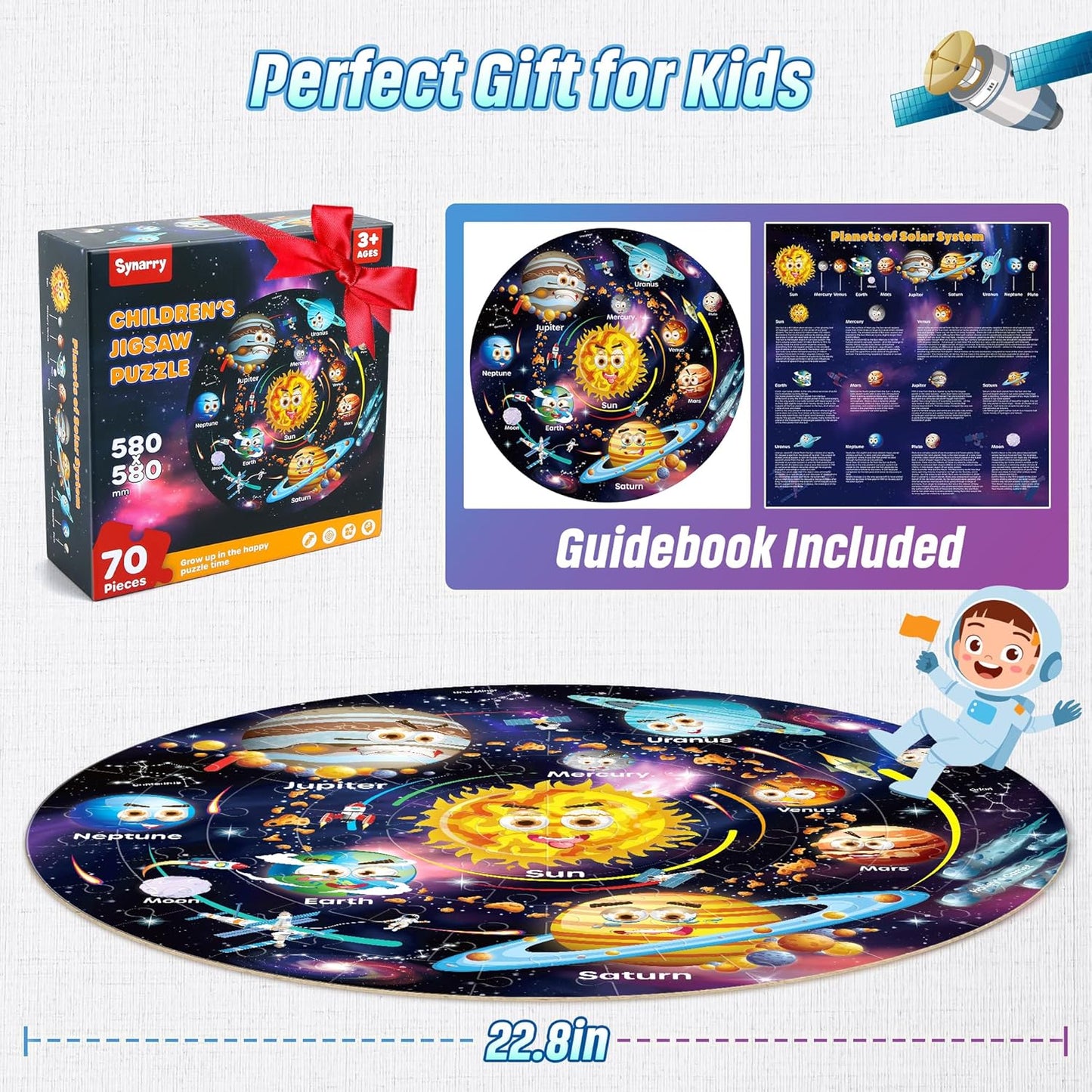 SYNARRY Solar System Floor Puzzles for Kids Ages 4-8, Large 70 Piece Jigsaw Puzzles for Kids Ages 4-6, Space Planet Astronaut Toys Puzzles, Preschool Learning Toys, Easter Basket Stuffers for Boy Girl