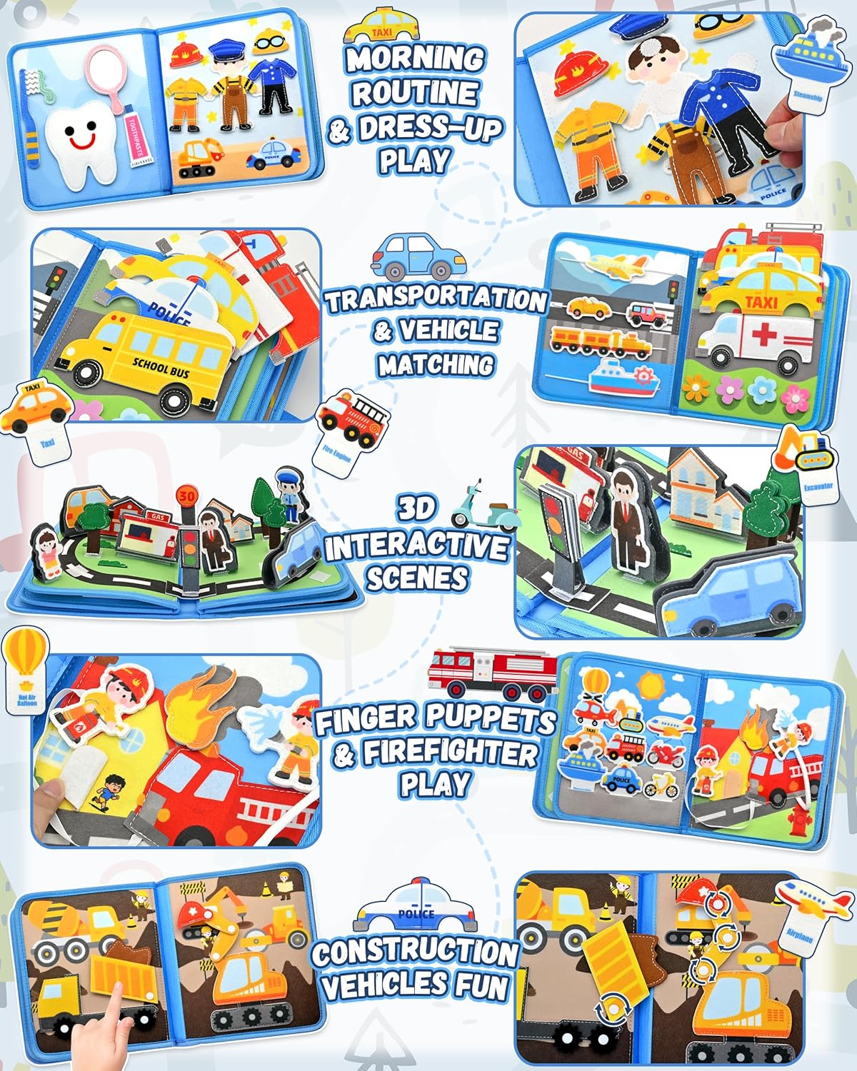 Meafeng Vehicles Educational Book for Toddlers 1–3, Montessori Quiet Activity & Learning Book with Cars, Trucks & Firefighters, Educational Toy for Early Learning, Travel Toy for Car & Airplane Trips