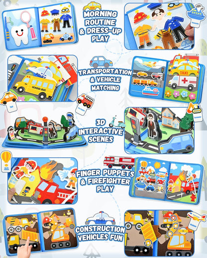 Meafeng Vehicles Educational Book for Toddlers 1–3, Montessori Quiet Activity & Learning Book with Cars, Trucks & Firefighters, Educational Toy for Early Learning, Travel Toy for Car & Airplane Trips