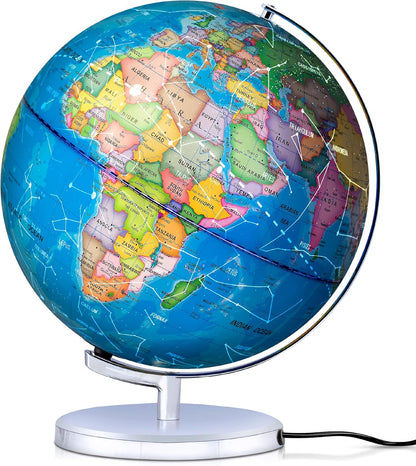 SMART WALLABY 9" Illuminated Educational Kids World Globe + STEM Flags & Countries Interactive Card Game. 3 in 1 Children Desktop Spinning Earth Political & Constellation Maps, LED Night Light Lamp