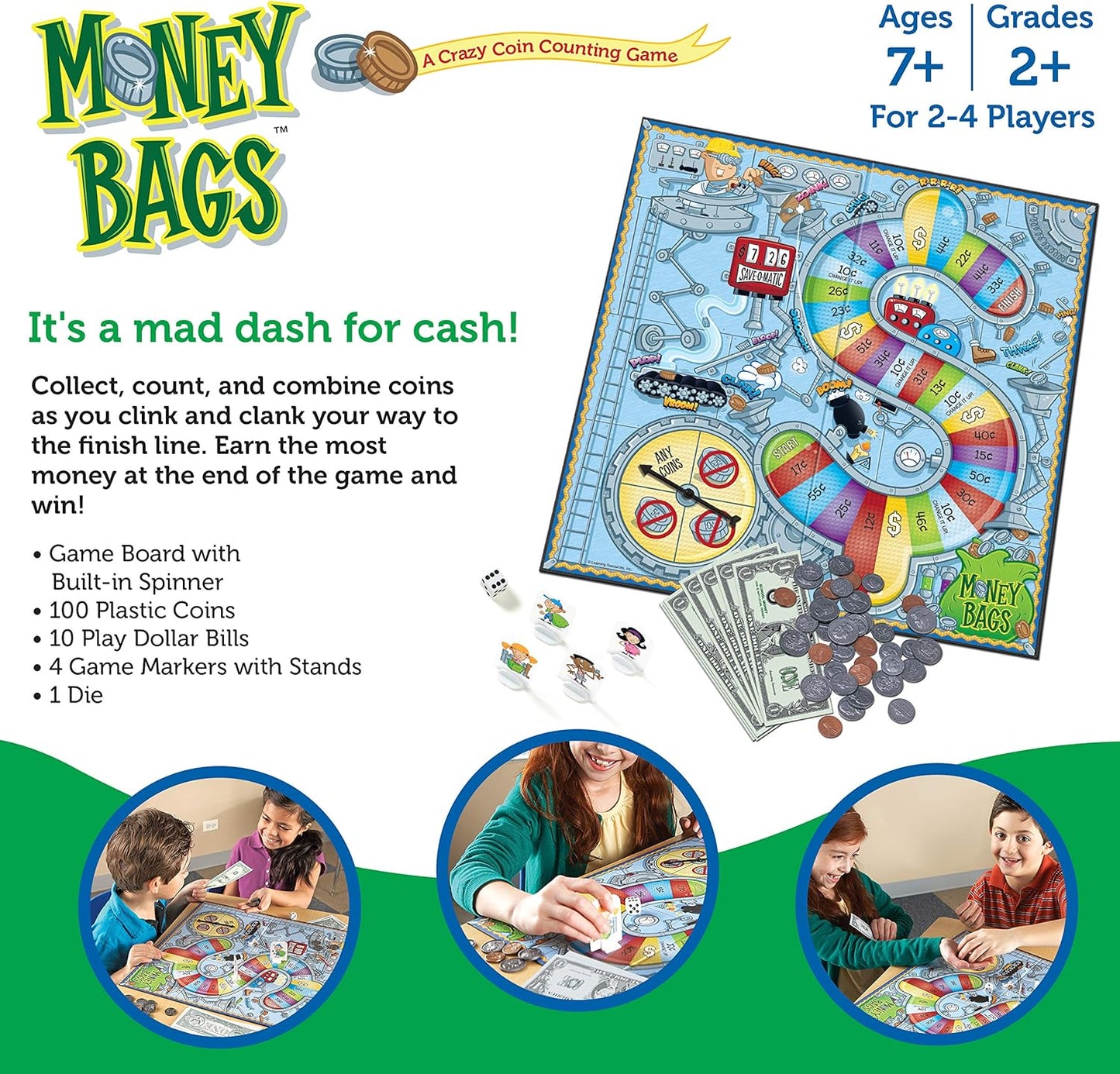 Learning Resources Money Bags Coin Value Game - Classic Board, Math Manipulatives, Financial Literacy Kids, Pretend Play, Coins Bills for Teaching, Gifts for Boys and Girls, Educational