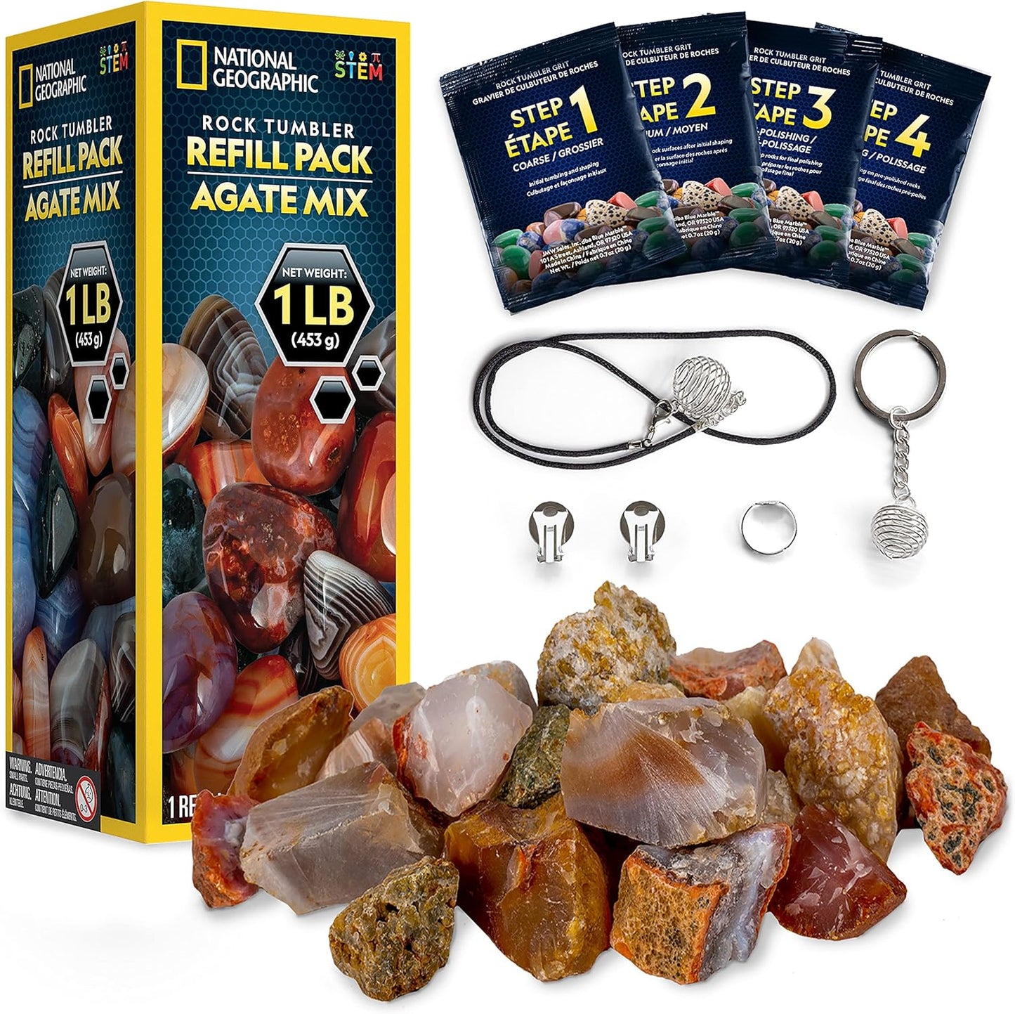 NATIONAL GEOGRAPHIC Rock Tumbler Refill Kit – 1 Lb. Madagascar Rocks for Tumbling with Rose Quartz, Red Jasper, Indigo Gabbro & More - Tumbler Supplies, Rock Polishing Grit and Jewelry Accessories