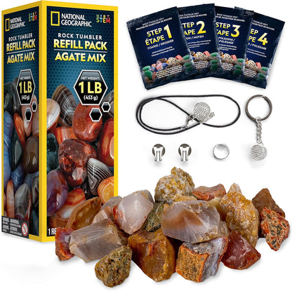 NATIONAL GEOGRAPHIC Rock Tumbler Refill Kit – 1 Lb. Madagascar Rocks for Tumbling with Rose Quartz, Red Jasper, Indigo Gabbro & More - Tumbler Supplies, Rock Polishing Grit and Jewelry Accessories