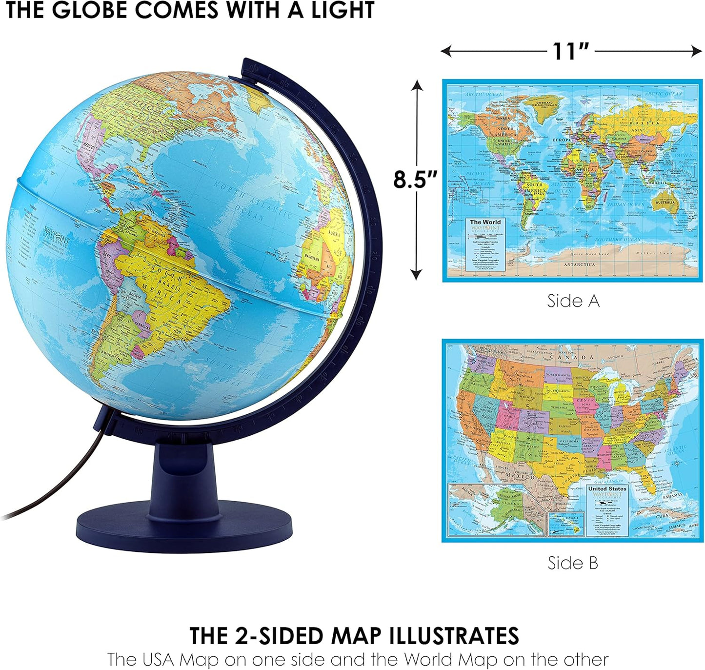 Waypoint Geographic Scout+ Illuminated With Map, World Globe for Kids, Decorative Classroom Globe with Stand, More than 4000 Places, 12” Interactive, Bonus Map Included, Blue