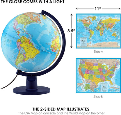Waypoint Geographic Scout+ Illuminated With Map, World Globe for Kids, Decorative Classroom Globe with Stand, More than 4000 Places, 12” Interactive, Bonus Map Included, Blue