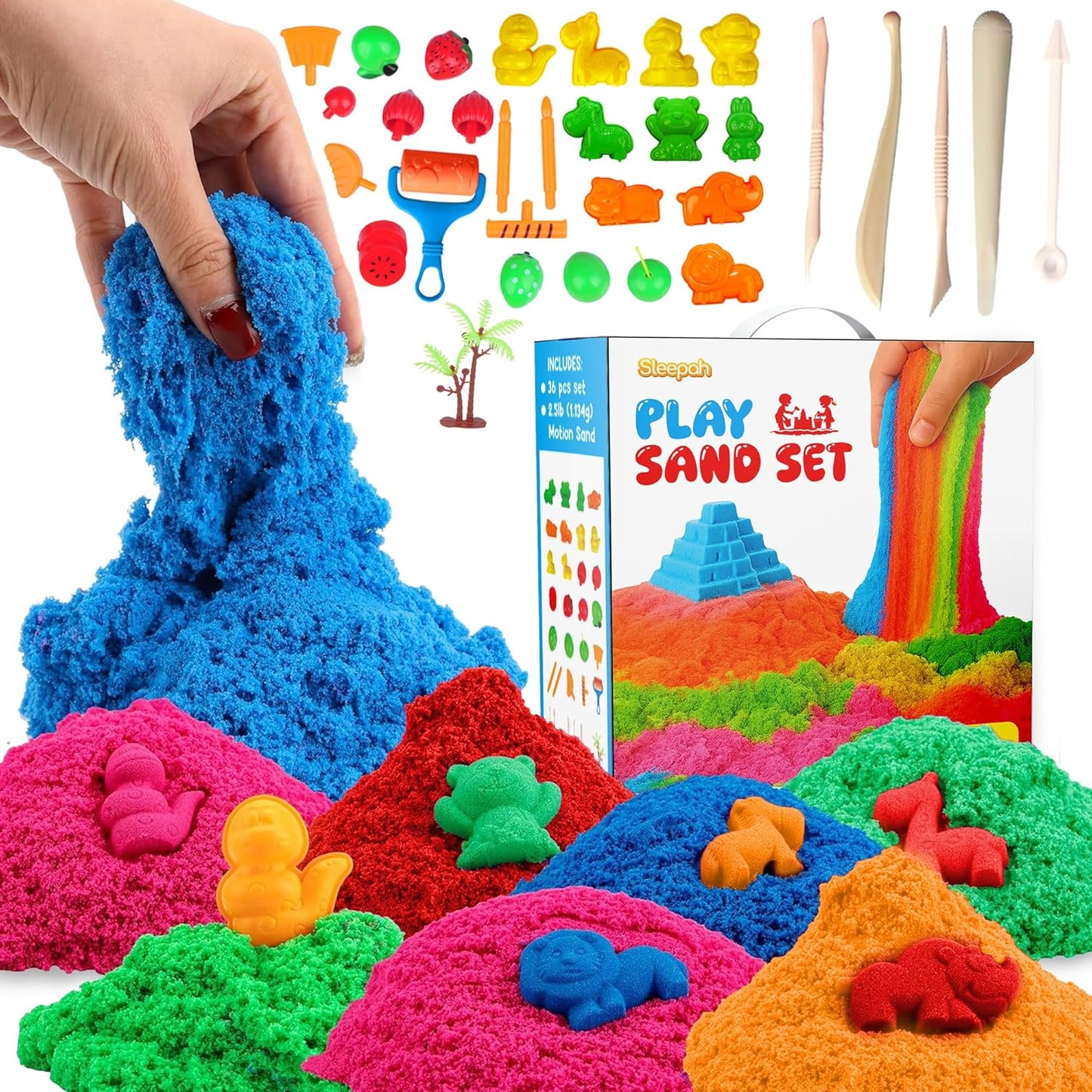 Sleepah Play Sand Sensory Sand Set for Boys & Girls Age 3 4 5 6 7 8 No Mess Never Dries Out Toy Perfect for Shaping Squeezing Scooping Rolling Molding – 36p Set 5 Colors Large Arts & Crafts Set Gift