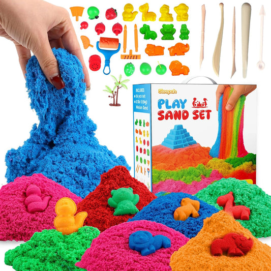 Sleepah Play Sand Sensory Sand Set for Boys & Girls Age 3 4 5 6 7 8 No Mess Never Dries Out Toy Perfect for Shaping Squeezing Scooping Rolling Molding – 36p Set 5 Colors Large Arts & Crafts Set Gift