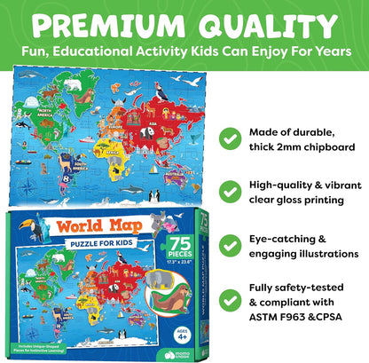 World Map Puzzle for Kids - 75 Piece - World Puzzles with Continents - Childrens Jigsaw Geography Puzzles for Kids Ages 4-8, 5, 6, 7, 8-10 Year Olds - Globe Atlas Puzzle Maps Learning Games Gifts