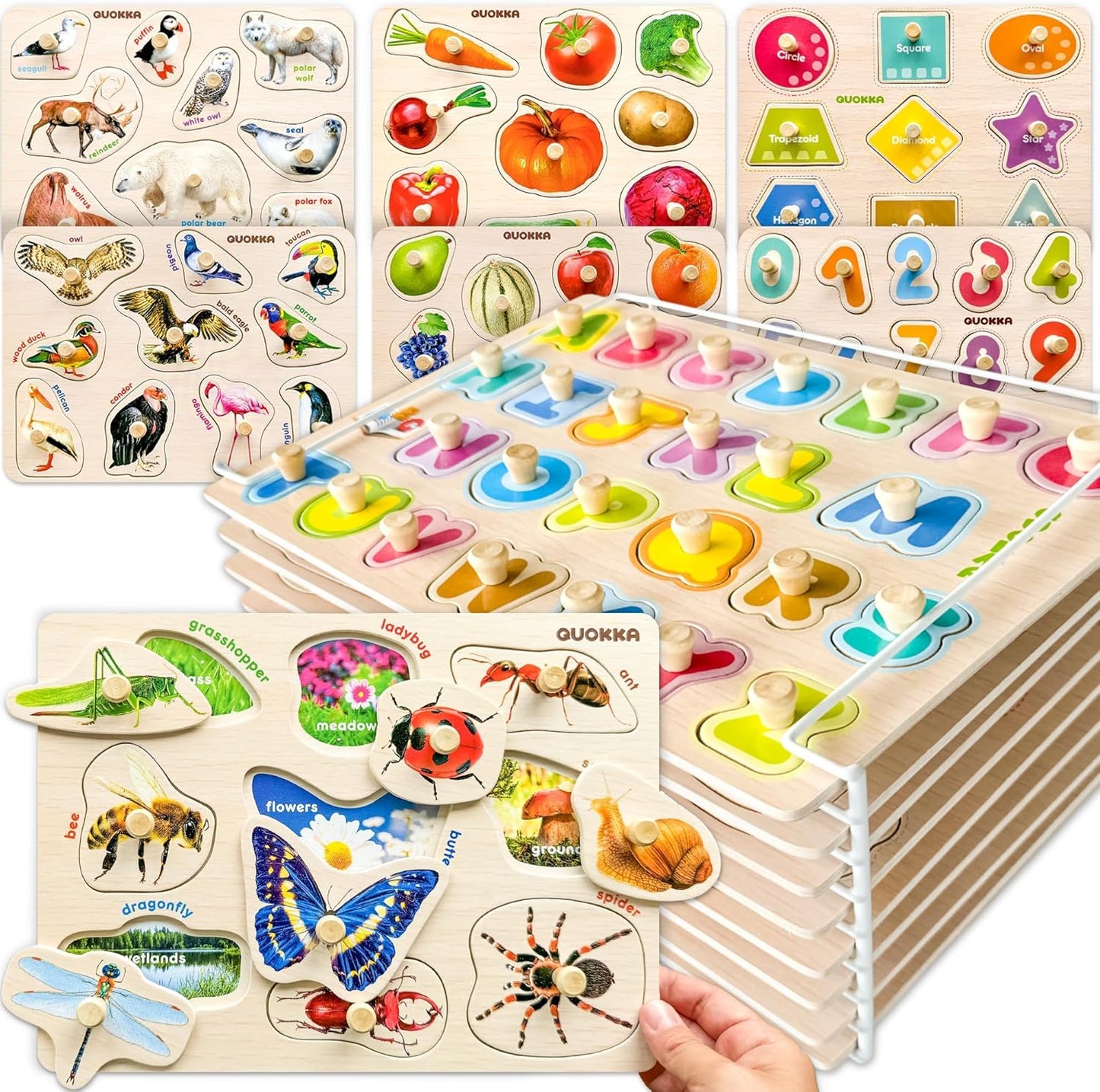 QUOKKA Wooden Puzzles for Toddlers 1-3 - 6XSET Toddler Puzzles Ages 2-4 with Rack - Learning Alphabet - Numbers - Animals Montessori Toy for Kids 3-5 - Wood Games Gift for Boys and Girls