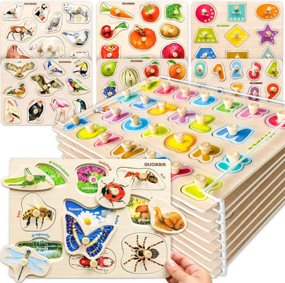 QUOKKA Wooden Puzzles for Toddlers 1-3 - 6XSET Toddler Puzzles Ages 2-4 with Rack - Learning Alphabet - Numbers - Animals Montessori Toy for Kids 3-5 - Wood Games Gift for Boys and Girls