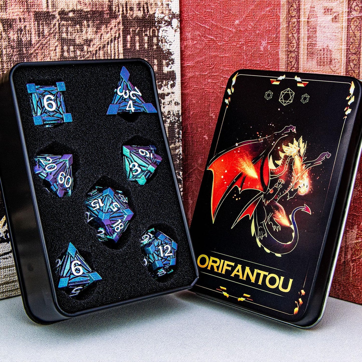 7PCS Metal DND Dice Set with Box, Debris RPG Blue White D and D Dice for D&D Tabletop Games Role Playing Game Polyhedral Dice Set D20 D12 D10 D8 D6 D4