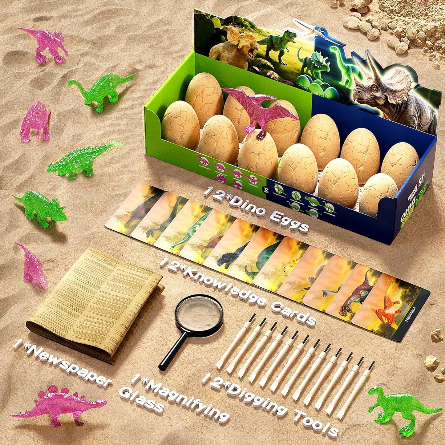 24 Dinosaur Eggs Dig Kit Toys for Kids, Dinosaur Eggs Excavation Kit with Magnifier, Easter Basket Stuffers, Science STEM Birthday Party Favors Gifts for Boys Girls Age 3 4 5 6 7 8 9 10 + Years Old