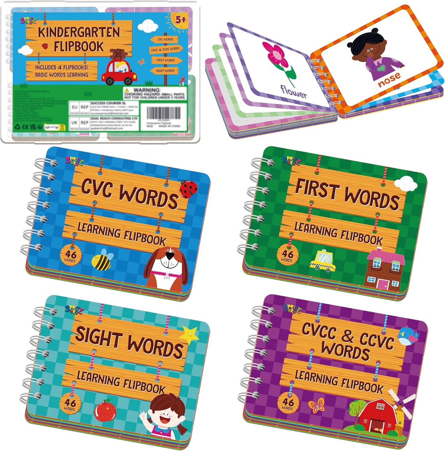 4 Preschool Learning Flipbooks, 96PCS Double Sided Printed Cards Set, Alphabet Letter A-Z, Number 1-20, Feelings and Emotions, Shapes and Colors Mini Board Books Set Early Educational Tool for Kids