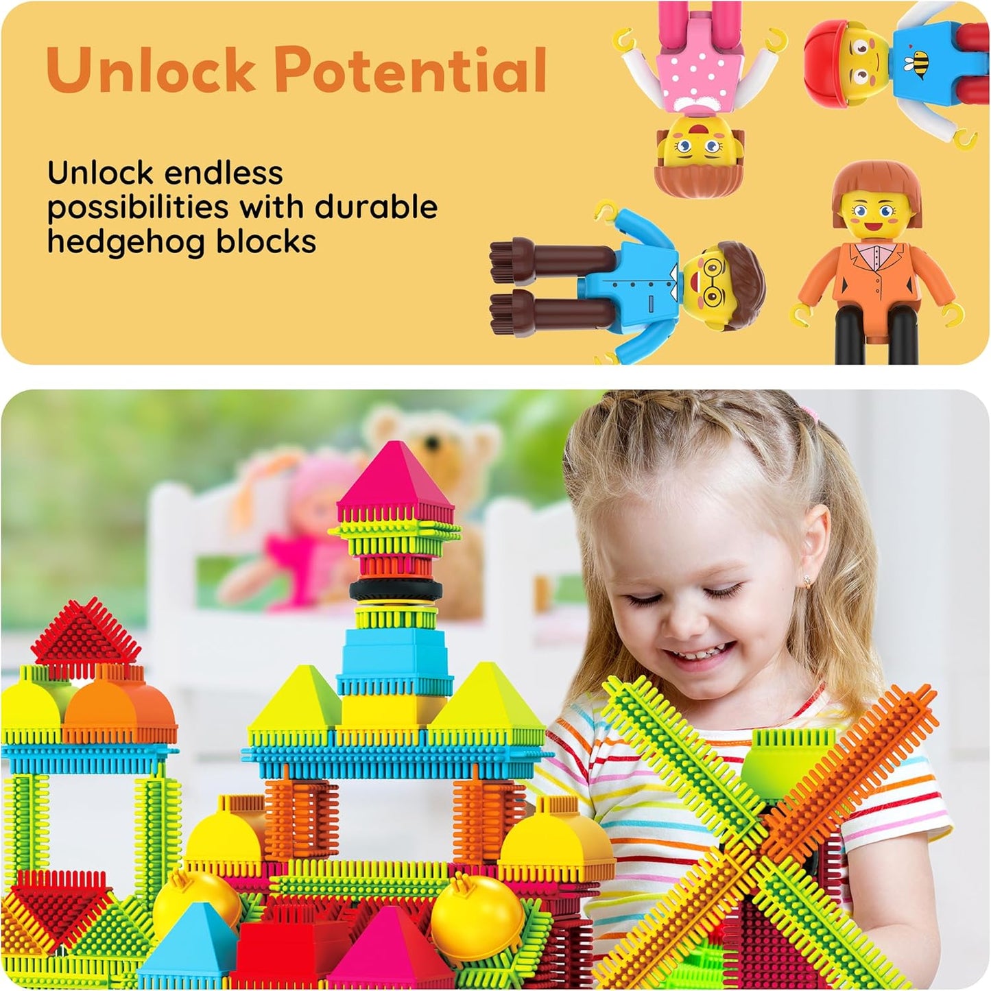 PicassoTiles 120pcs Hedgehog Interlocking Building Blocks Tiles Construction Toy Set Learning Playset STEAM Development Preschool Kindergarten Toy for Kids Age3+ PTB120