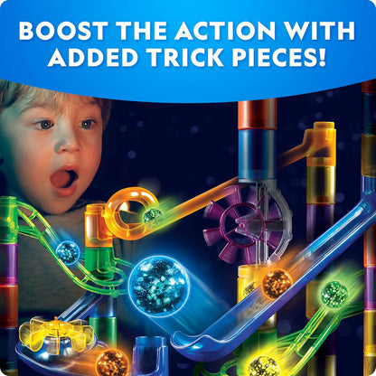 NATIONAL GEOGRAPHIC Glowing Marble Run – Construction Set with 15 Glow in The Dark Glass Marbles & Storage Bag, STEM Gifts for Boys and Girls, Building Project Toy (Amazon Exclusive)