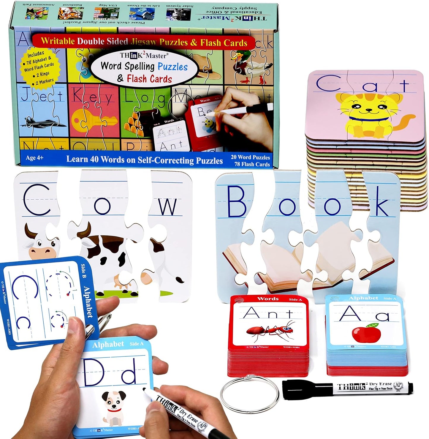 Think2Master Spelling Word Flashcards. 20 Double Sided Self Correcting Jigsaw & 78 (Writable, Erasable) Flash Cards