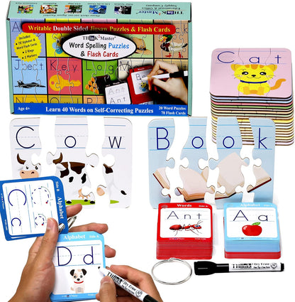 Think2Master Spelling Word Flashcards. 20 Double Sided Self Correcting Jigsaw & 78 (Writable, Erasable) Flash Cards