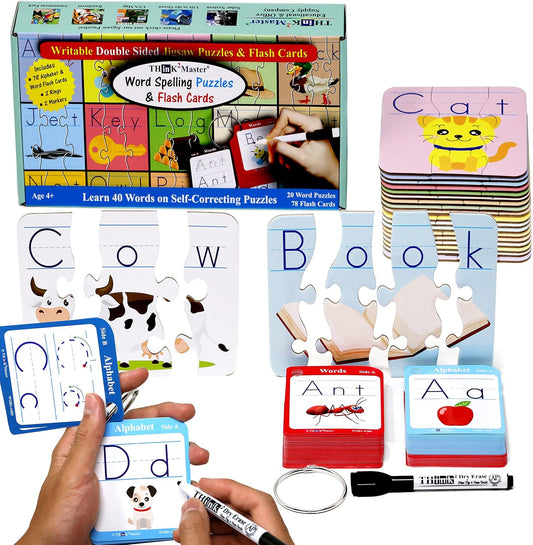 Think2Master Spelling Word Flashcards. 20 Double Sided Self Correcting Jigsaw & 78 (Writable, Erasable) Flash Cards
