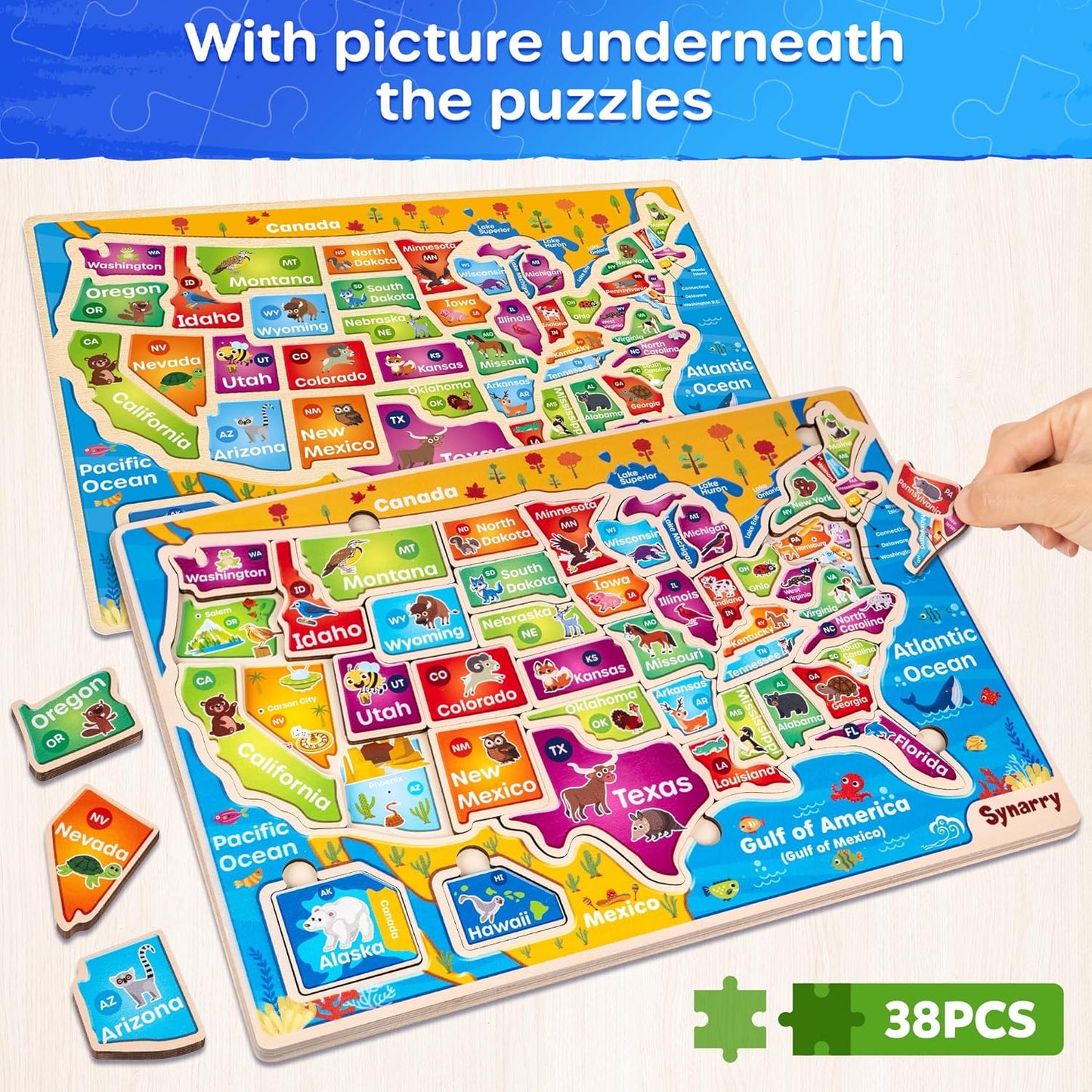 SYNARRY Large USA World Wooden Puzzles for Kids Ages 4-6, Learning United States World Maps Puzles for Kids Ages 6-8, Wood Jigsaw Puzzles Educational Games Toys Gifts for Boys Girls Ages 3-8
