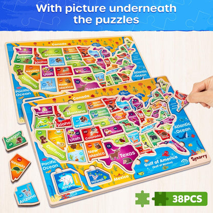 SYNARRY Large USA World Wooden Puzzles for Kids Ages 4-6, Learning United States World Maps Puzles for Kids Ages 6-8, Wood Jigsaw Puzzles Educational Games Toys Gifts for Boys Girls Ages 3-8