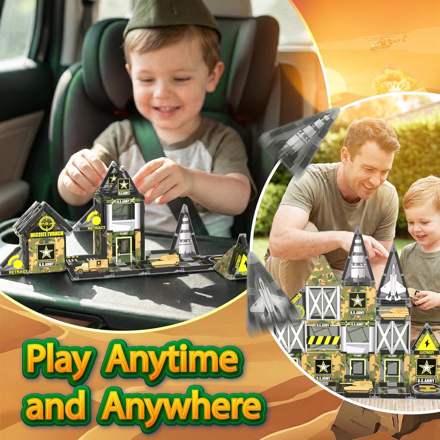 42PCS Mini Magnetic Tiles Army Base Travel Set with Iron Box STEM Educational Military Building Blocks Magnetic Construction Toy for Kids Ages 3 to 8 Creative Gift for Boys and Girls