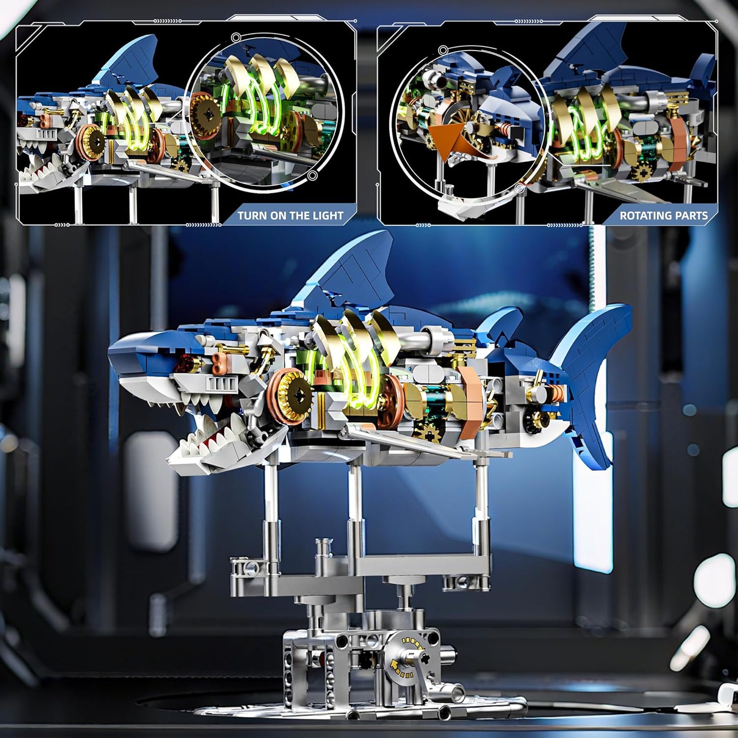 1085-PCS Mechanical Piranhas Fish Building Set with LED Light, Movable Linkage Gears, Display Stand,Mechanical Fish