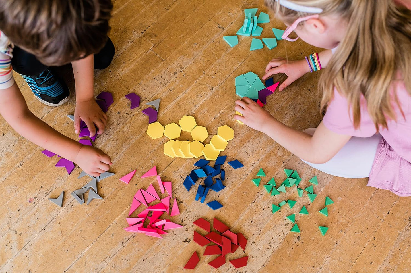 Math for Love 21st Century Pattern Blocks - Set of 132 Colorful Wooden Blocks in Eight Shapes for Creative STEAM Play at Home or School
