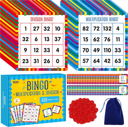 SpriteGru Multiplication & Division Bingo Game, 480 Math Problems, 2 Educational Math Board Game for Kindergarten and Preschool Kids 4-8, Perfect for Classroom & At Home (Up to 25 Players)