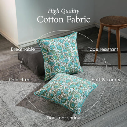 CPC 100% Cotton Throw Pillow Covers 18x18 Inch, Set of 2 Green Block Print Pattern Couch Pillow, Cute Boho Decorative Pillows for Living Room, Bedroom with Hidden Zipper- Agate Green
