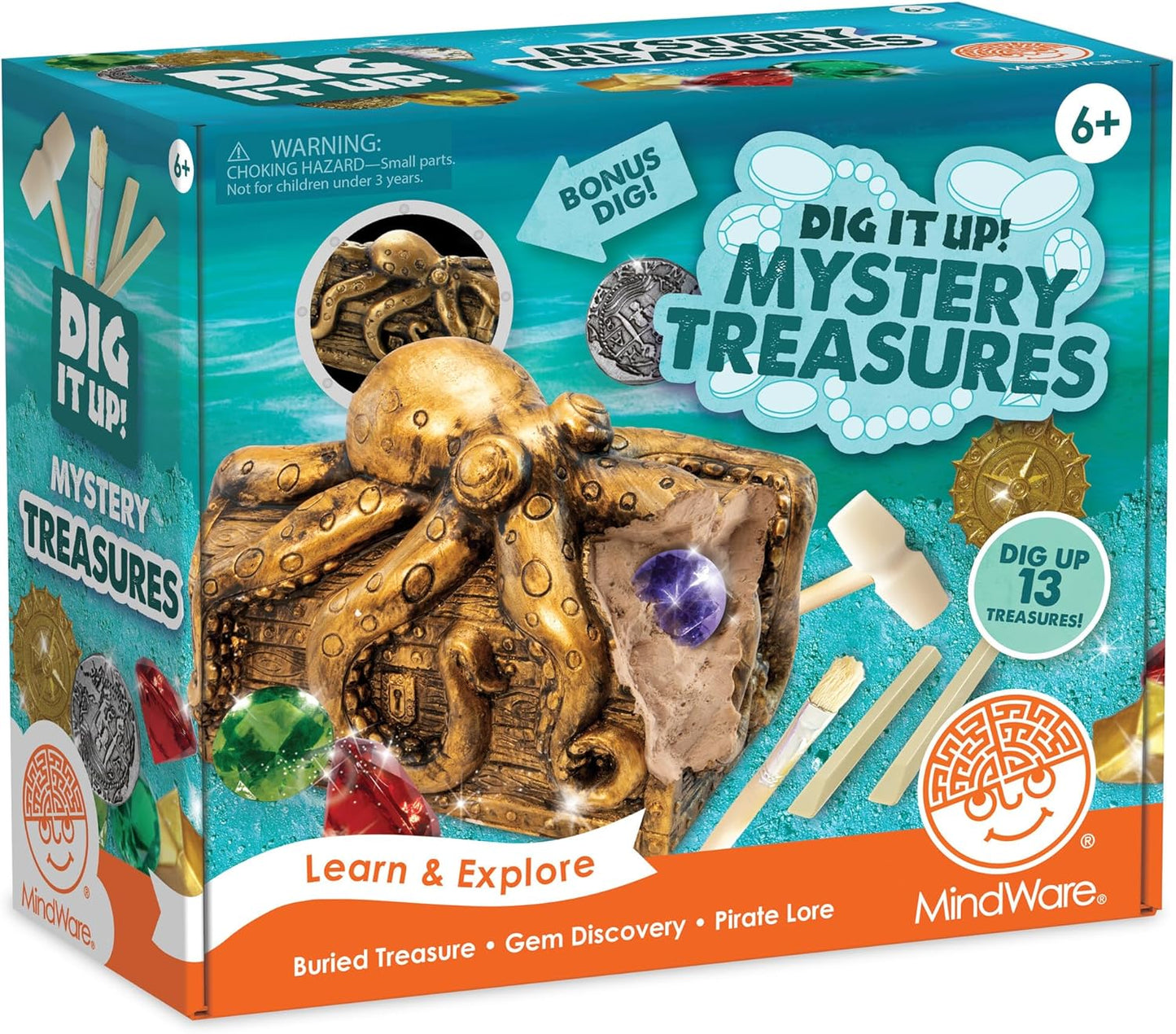 MindWare Dig It Up Discoveries Pirate Mystery Treasure Chest: Giant Discovery Project for Kids – Dig Up 13 Treasures – Includes a Bonus Dig, 2 Chisels and 1 Poster Filled with Pirate Facts and Lore