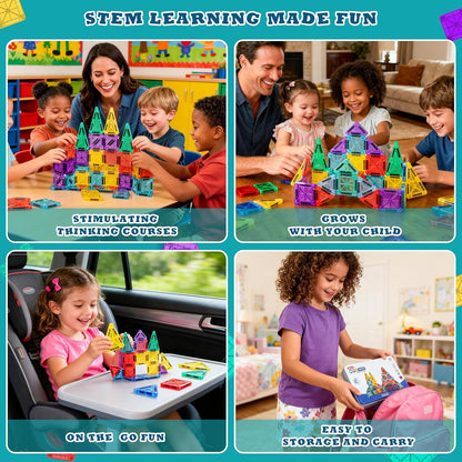 Magnetic Tiles for Kids Mini Magnet Tiles Building 43PCS Toddlers Magnetiles Travel Toys with Case & 2 Cars Basic STEM Magnets Construction Tile Toy Set Ages 3-8 Boys Girls