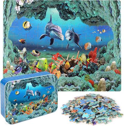 LELEMON 100 Pieces Jigsaw Puzzles in a Metal Box for Kids Age for 4-8 Boys Girls Toy Puzzles Construction Site Vehicles Children Learning Educational Puzzles Toys