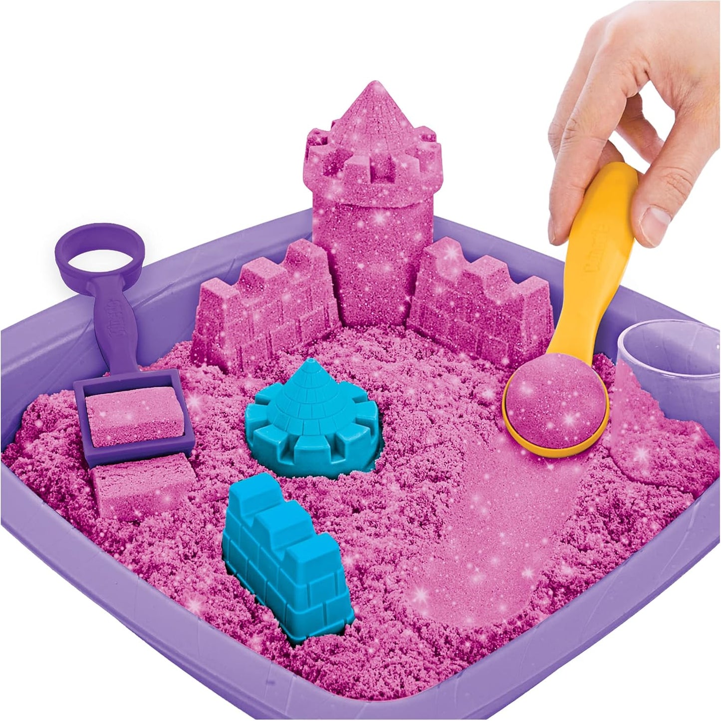 Kinetic Sand | Shimmer Sand Castle | Kinetic Sand 454g | Magic Sand | Pink Glitter Coloured Sand | 3 Accessories and Tray Included | Toys for Boys and Girls 3 Years