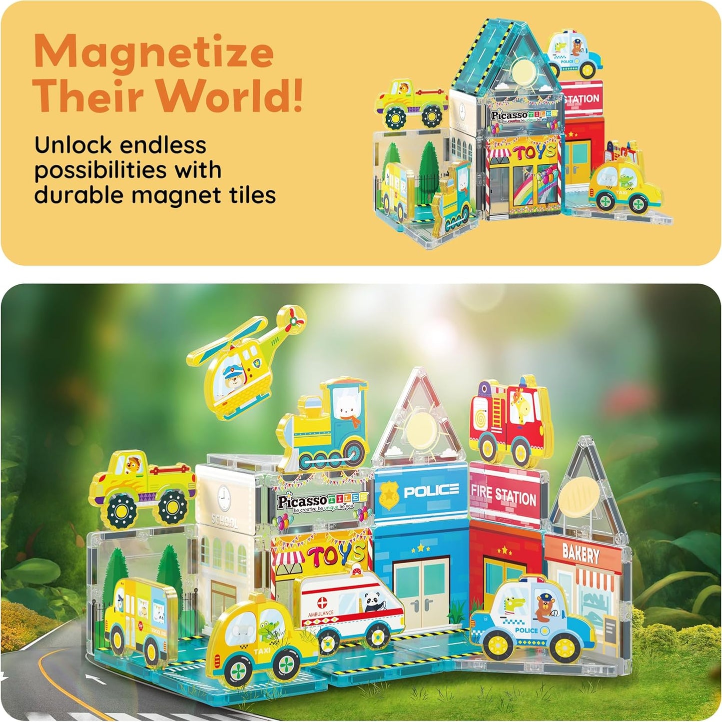 PicassoTiles Magnetic Tiles Magnet Tile Building Blocks Marine Animal World Themed Set with 8 Ocean Character Action Figures STEM Learning Toy Construction Toddlers Boys Girls Ages 3+ PTQ25