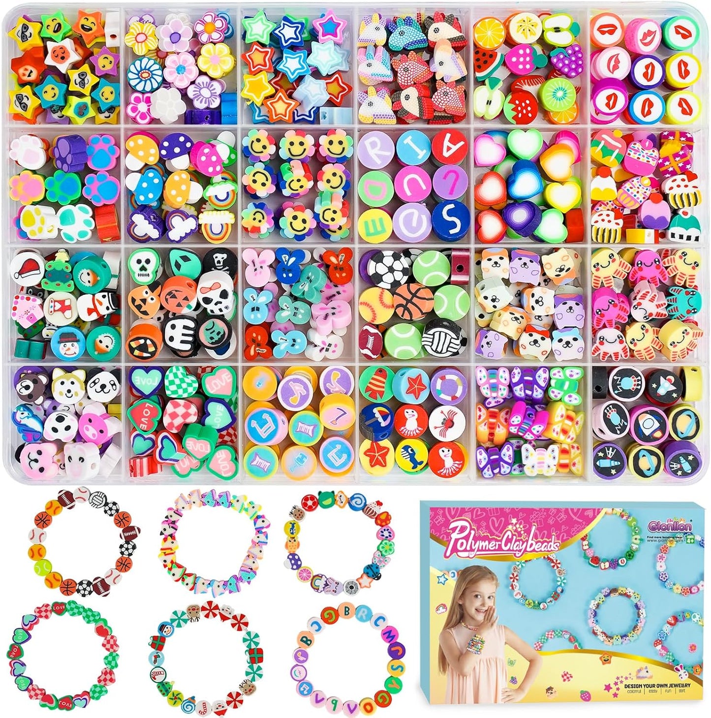 Gionlion 1200 Pcs Polymer Clay Beads Bracelet Making Kit, 25 Style Animal Fruit Flower Butterfly Bunny Pony Letter Beads Charms for Jewelry Making, DIY Art and Crafts Toys Gifts