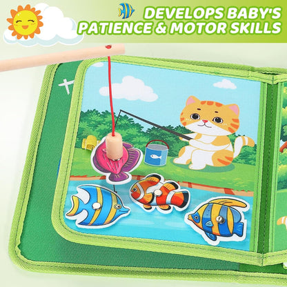 Toddler Busy Board for 1 Year Old, Montessori Toy Sensory Busy Book for Toddler 1-3 Fishing Game Fine Motor Skill, Learning Car Ride Airplane Activities Travel Essential 2-4 Birthday Gift for Boy Girl