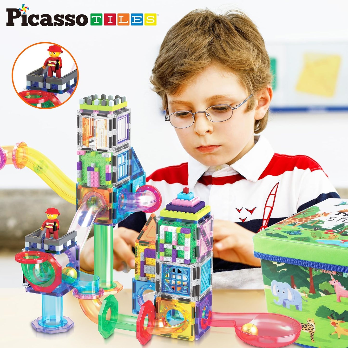 PicassoTiles 108pc Magnetic Marble Run Set with Building Tiles Race Track Car Slides Set STEM Learning Toy 3-in-1 Preschool Construction Kit for Indoor Activity and Development for Kids age 3+ PTG108