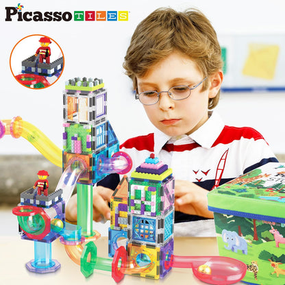 PicassoTiles 108pc Magnetic Marble Run Set with Building Tiles Race Track Car Slides Set STEM Learning Toy 3-in-1 Preschool Construction Kit for Indoor Activity and Development for Kids age 3+ PTG108