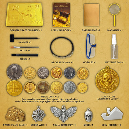 PIBEX Pirate Treasure Coins Dig Kit – Dig & Collect 16+ Ancient Metal Coin Replicas, Fool’s Gold & Pirate Charms – STEM Archaeology & Necklace Making Kit, Coin Collecting Gift Toy for Kids Ages 6+