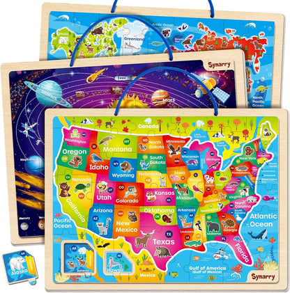 SYNARRY Large USA World Wooden Puzzles for Kids Ages 4-6, Learning United States World Maps Puzles for Kids Ages 6-8, Wood Jigsaw Puzzles Educational Games Toys Gifts for Boys Girls Ages 3-8
