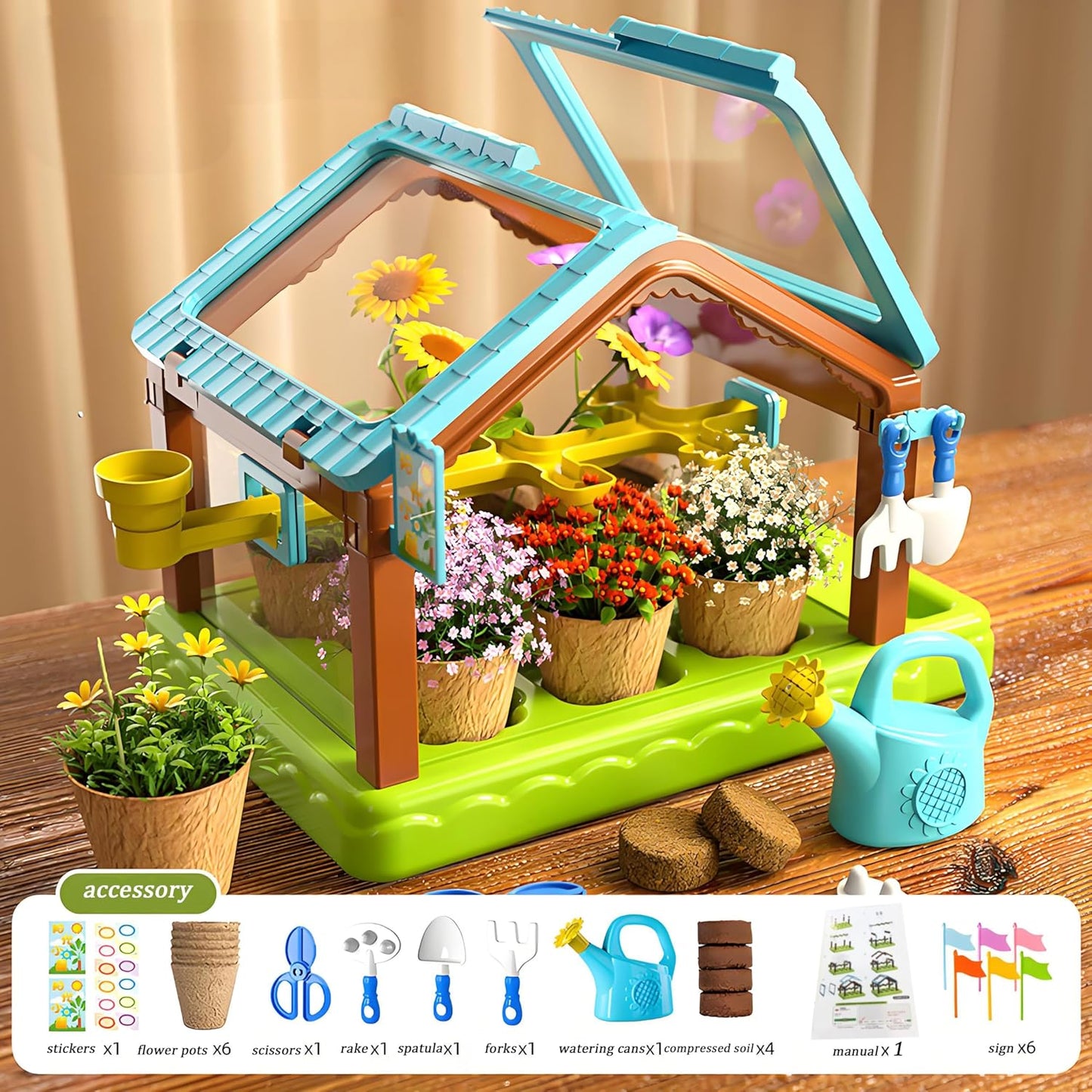 EXBEPE Kids Plant Growing Kit Greenhouse Growing Set with Drip Irrigation System and Grow Light Science Educational DIY Indoor Plant Gardening Toy for Kids
