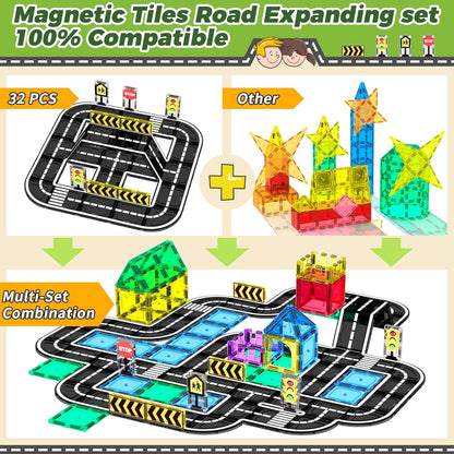 Goodtiles Magnetic Tiles Road Expansion Set, STEM Magnetic Building Blocks for Kids Ages 3-5 4-8 5-7, Preschool Learning Sensory Kids Toys for Toddler Birthday