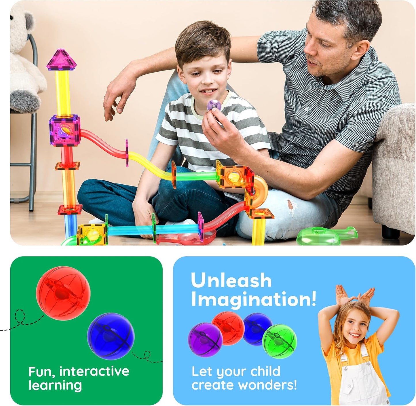 PicassoTiles 70pc Marble Run Magnetic Tiles STEM Set for Kids Ages 3 and Older Magnet Tile Marbles Maze Building Blocks Brain Development Toy Preschool Educational Learning Construction Playset PTG70