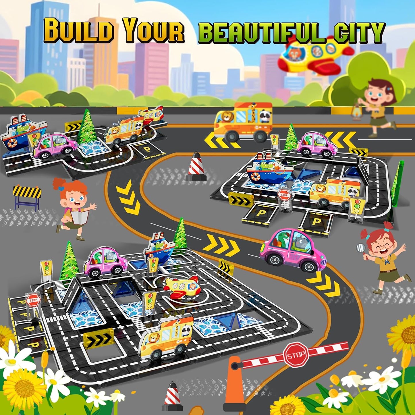 40PCS Mini Magnetic Tiles – City Road Building Blocks Set in Iron Case, Portable STEM Travel Toys for Toddlers, Quiet On-the-Go Activities & Preschool Learning for Kids