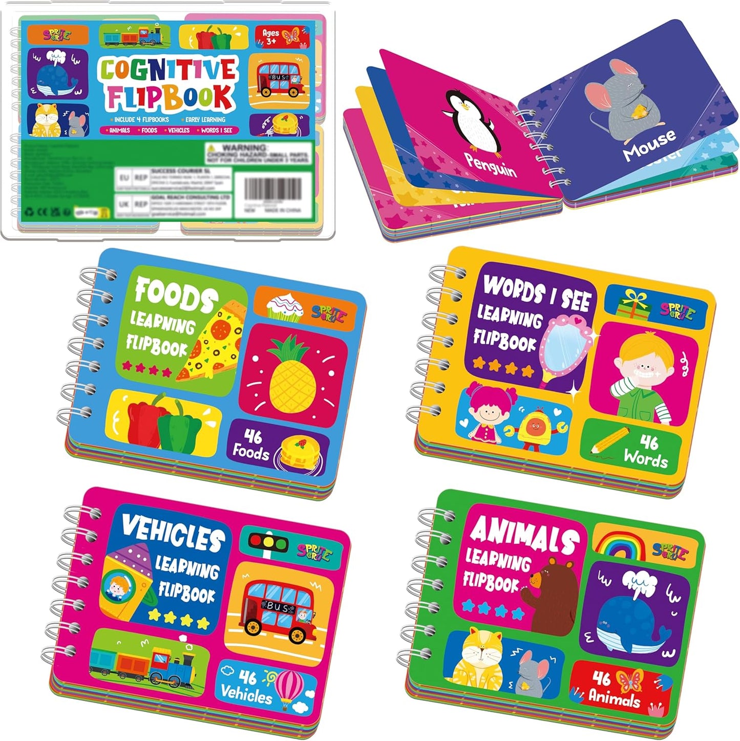 4 Preschool Learning Flipbooks, 96PCS Double Sided Printed Cards Set, Alphabet Letter A-Z, Number 1-20, Feelings and Emotions, Shapes and Colors Mini Board Books Set Early Educational Tool for Kids